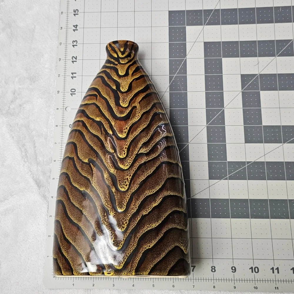 Studio Art Pottery Vase Tiger Stripe Chevron Glaze Wedge Form Brown Gold 12in
